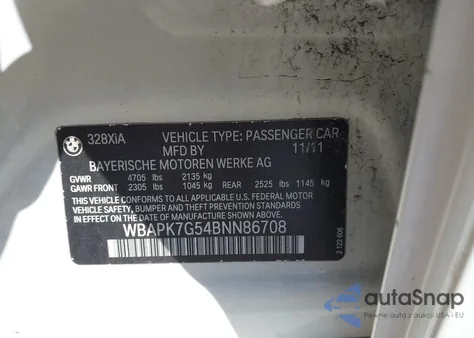 2011 BMW 328I xDrive z USA, uszkodzony, nr VIN WBAPK7G54BNN86708